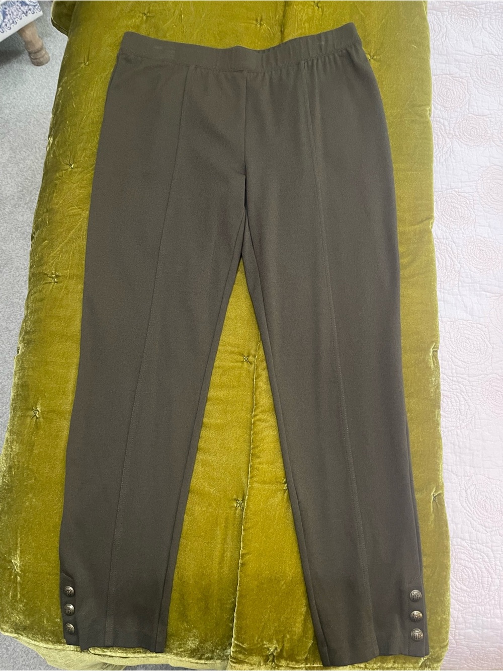 Women’s Olive Dress Pants with Button Hem Detail.